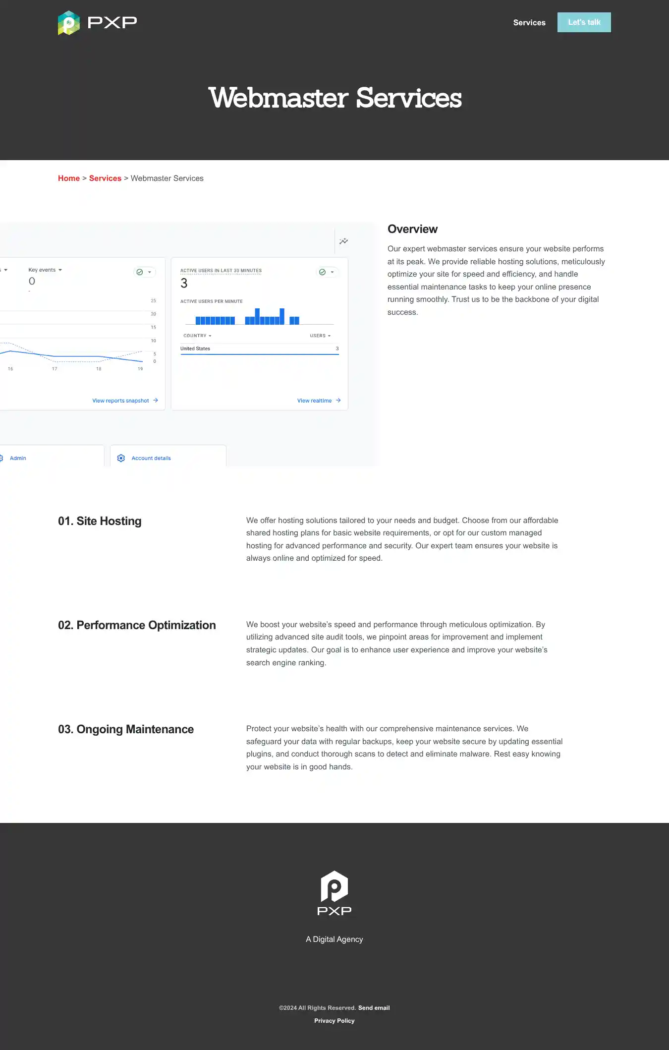 Full-page screenshot of Webmaster Services as rendered during the desktop scan.