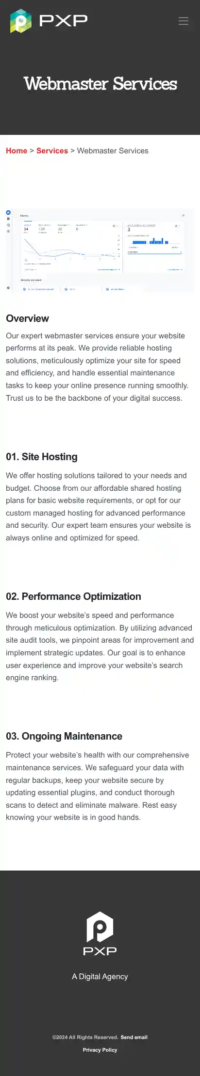 Full-page screenshot of Webmaster Services as rendered during the mobile scan.